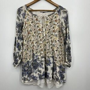 Free People Long Sleeve Blouse Women's XS Multicolor Boho‎ Floral V-Neck Sheer